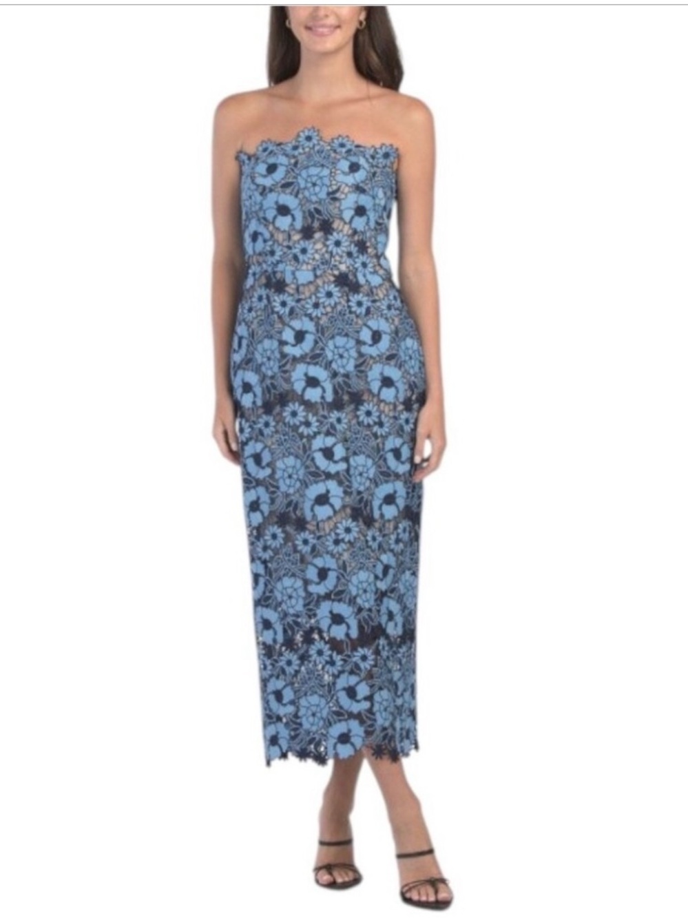 Rene Ruiz Sky-Blue Floral  Strapless Midi Dress